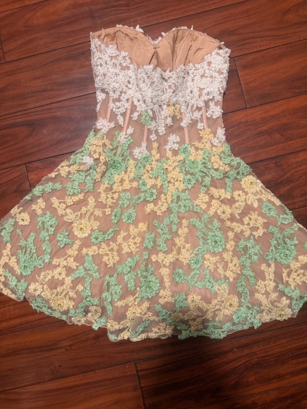 Sherri Hill Strapless Floral Appliqué Cocktail Dress in Blush, Yellow & Mint - Picture 10 of 15